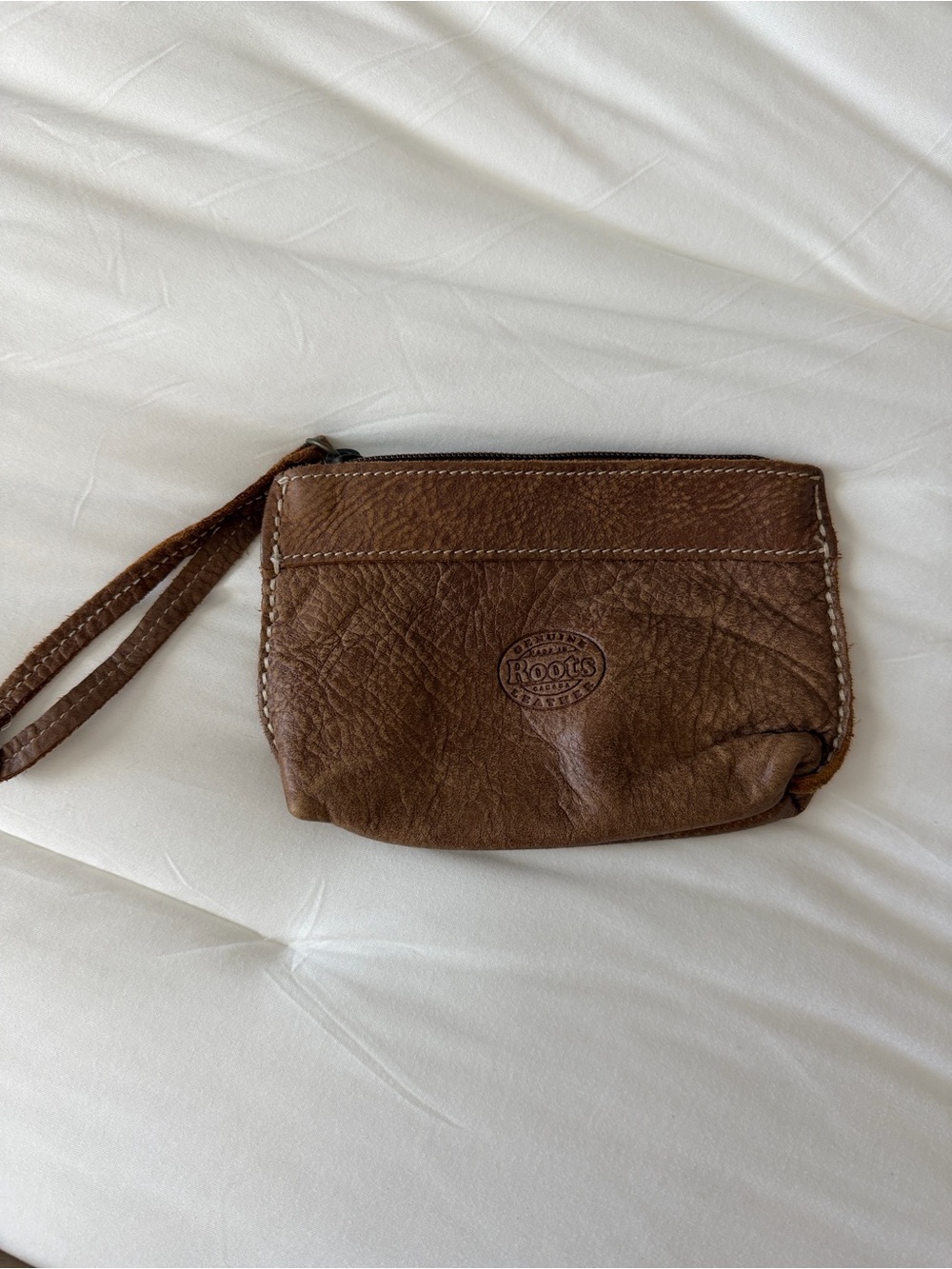 Roots Brown Leather Wristlet Pouch with Wrist Strap